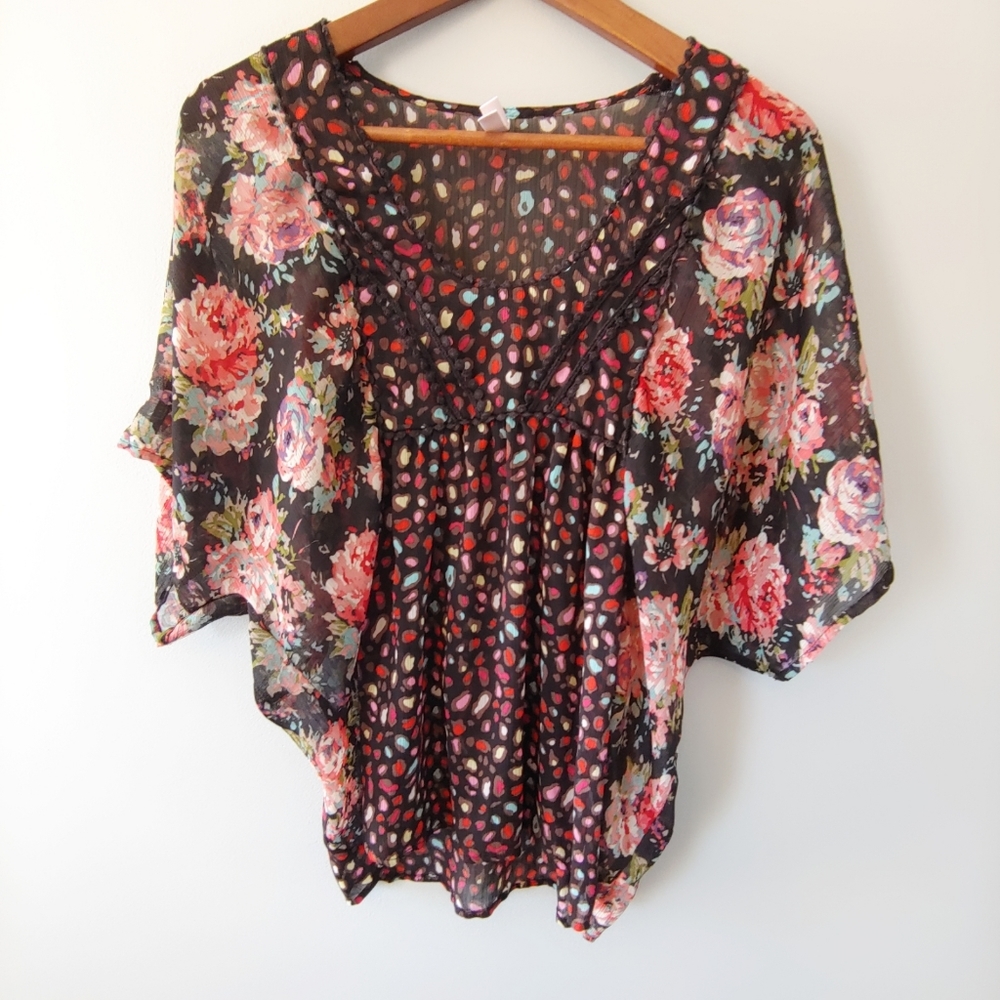 No Boundaries Floral Buterfly Wing Sheer Blouse